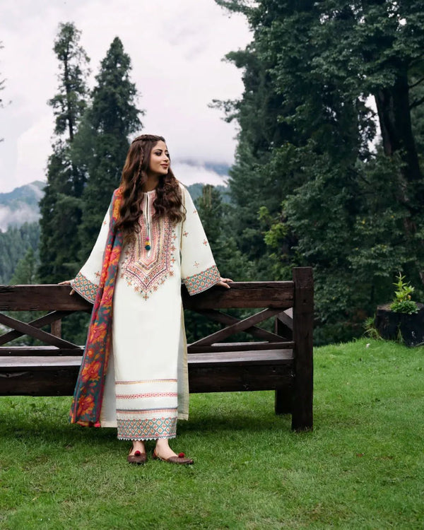 Kokum on Dhanak Embroidery with wool shawl